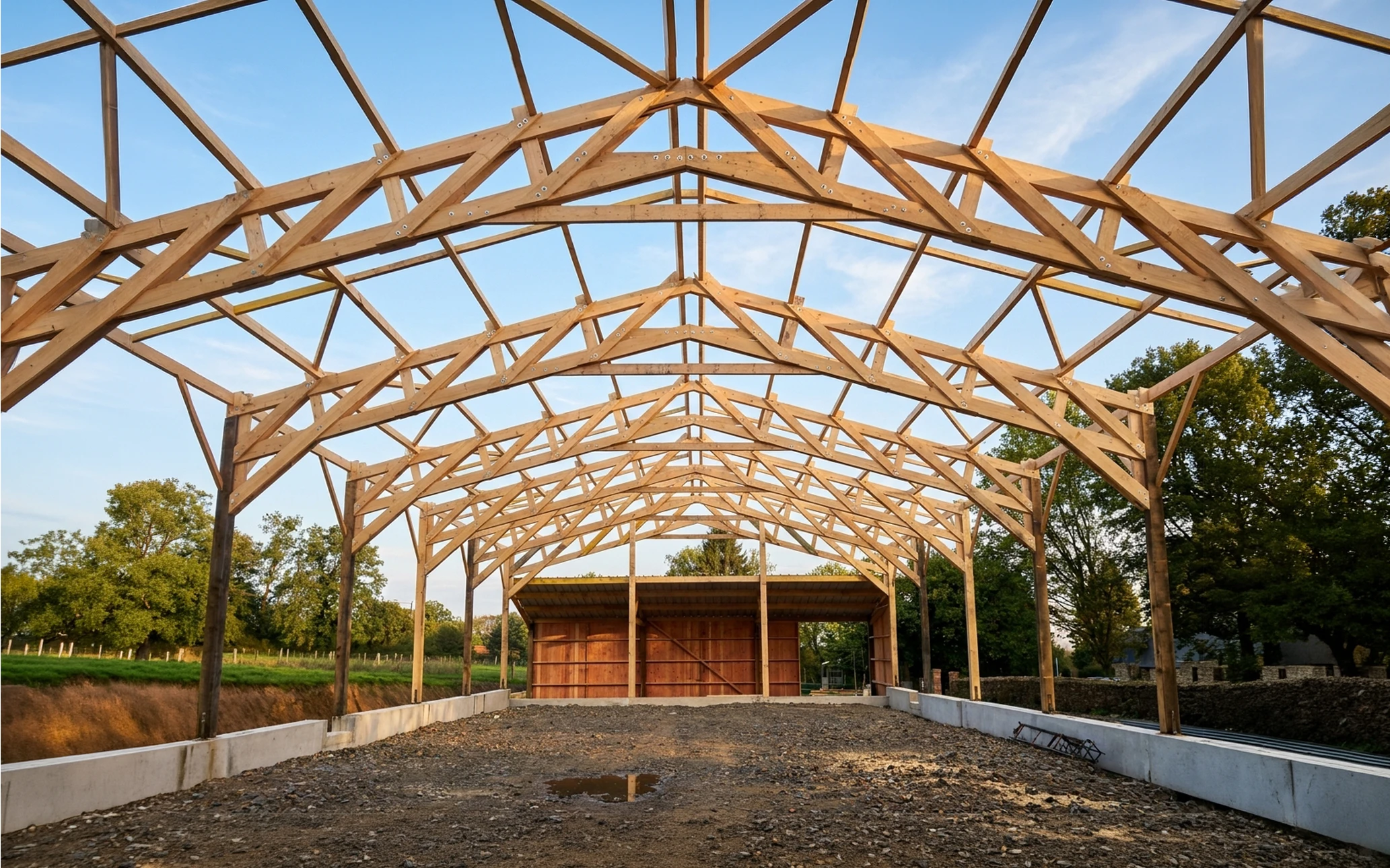 Structure de charpente en bois massif en cours de construction, vue intérieure