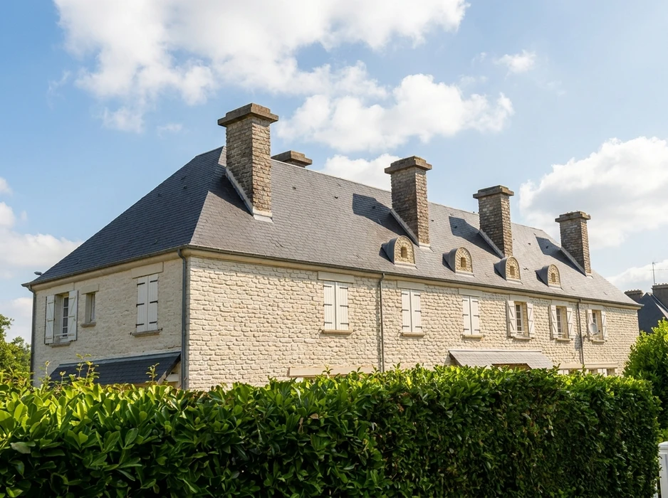 Bâtisse ancienne en pierre de taille calcaire, style normand, deux niveaux