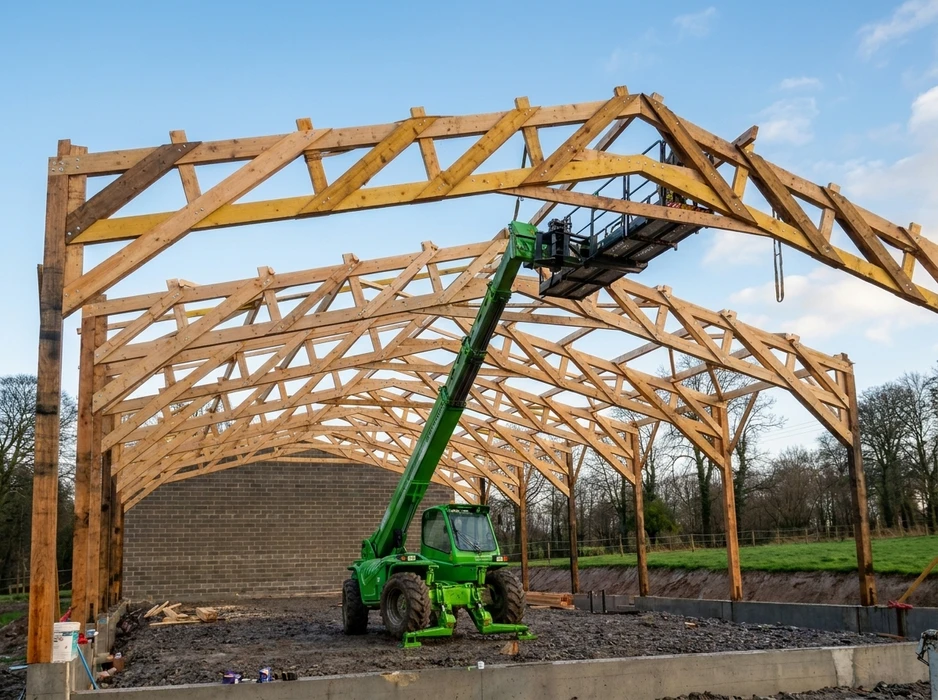 Chantier extérieur, érection d'une charpente en bois massif de grande portée