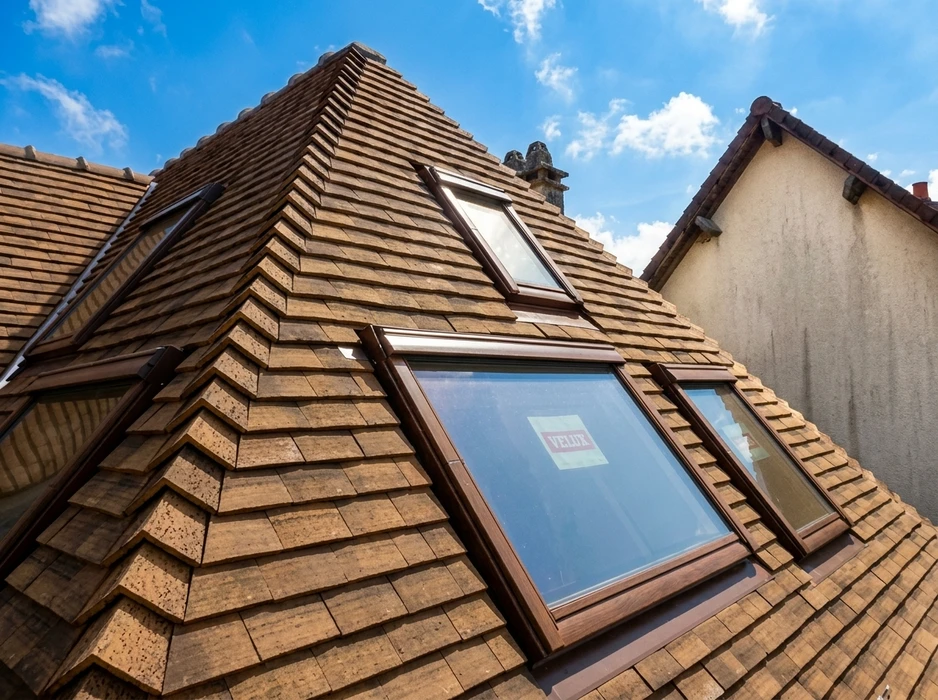 Toiture en tuiles plates anciennes avec plusieurs fenêtres de toit VELUX à cadre brun, dont un grand modèle fixe et deux ouvrants