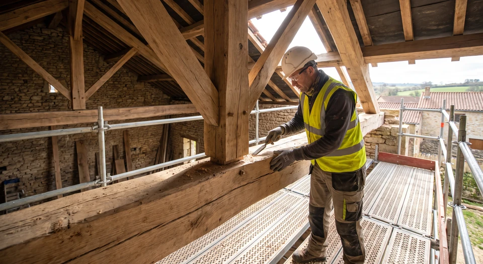 Photographie d'un chantier de rénovation montrant un artisan qualifié travaillant sur une charpente traditionnelle en bois massif. L'image capture les détails des joints, des assemblages ou des finitions de la structure bois, avec l'artisan en train d'effectuer les travaux. L'arrière-plan peut montrer le bâtiment en cours de rénovation. La photo doit transmettre le professionnalisme, la solidité de l'ouvrage et le savoir-faire métier.
