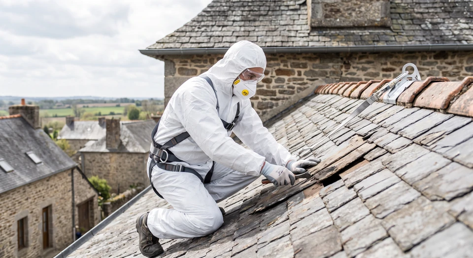 Photographie d'un professionnel en combinaison de protection intégrale blanche hermétique avec masque respiratoire certifié, travaillant sur une toiture. On voit distinctement une toiture en mauvais état ou partiellement dégradée à l'arrière-plan, illustrant le contexte de danger. Le professionnel effectue une intervention de désamiantage ou de sécurisation de toiture, montrant la nécessité d'équipement de protection spécialisé pour traiter ce risque invisible. L'image doit transmettre le sérieux et la professionnalisme face à un danger sanitaire réel.