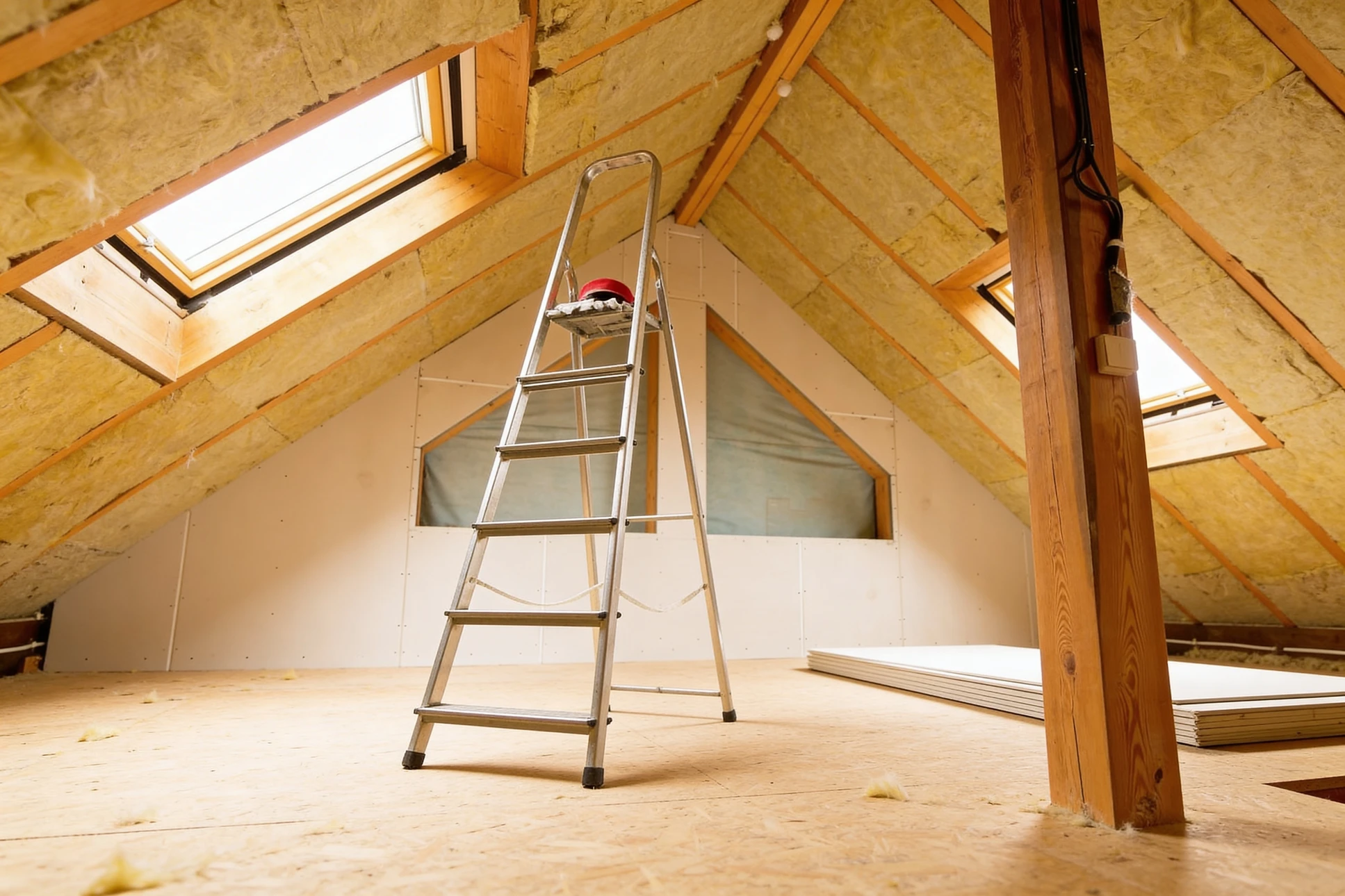 Ouvrier en combinaison de protection blanche et bonnet installant de l'isolation thermique jaune dans les combles d'une habitation