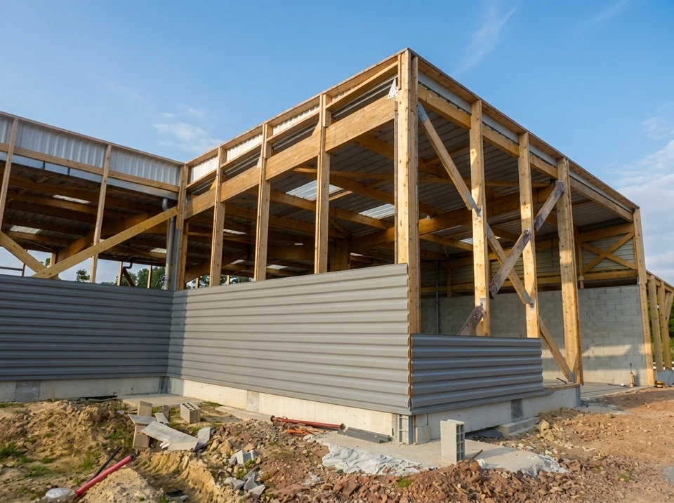 Façade extérieure de maison moderne avec bardage bois horizontal et murs blancs